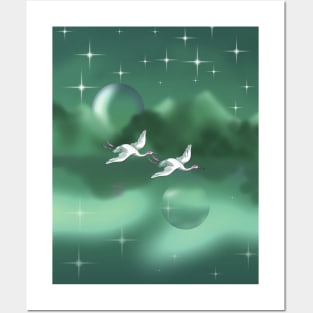 Two Japanese cranes flying over a green lake Posters and Art